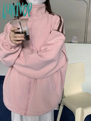 Lunivop Korean Fashion Zip Up Grey Sweatshirt Women Harajuku Vintage Streetwear Pink Hoodies Casual
