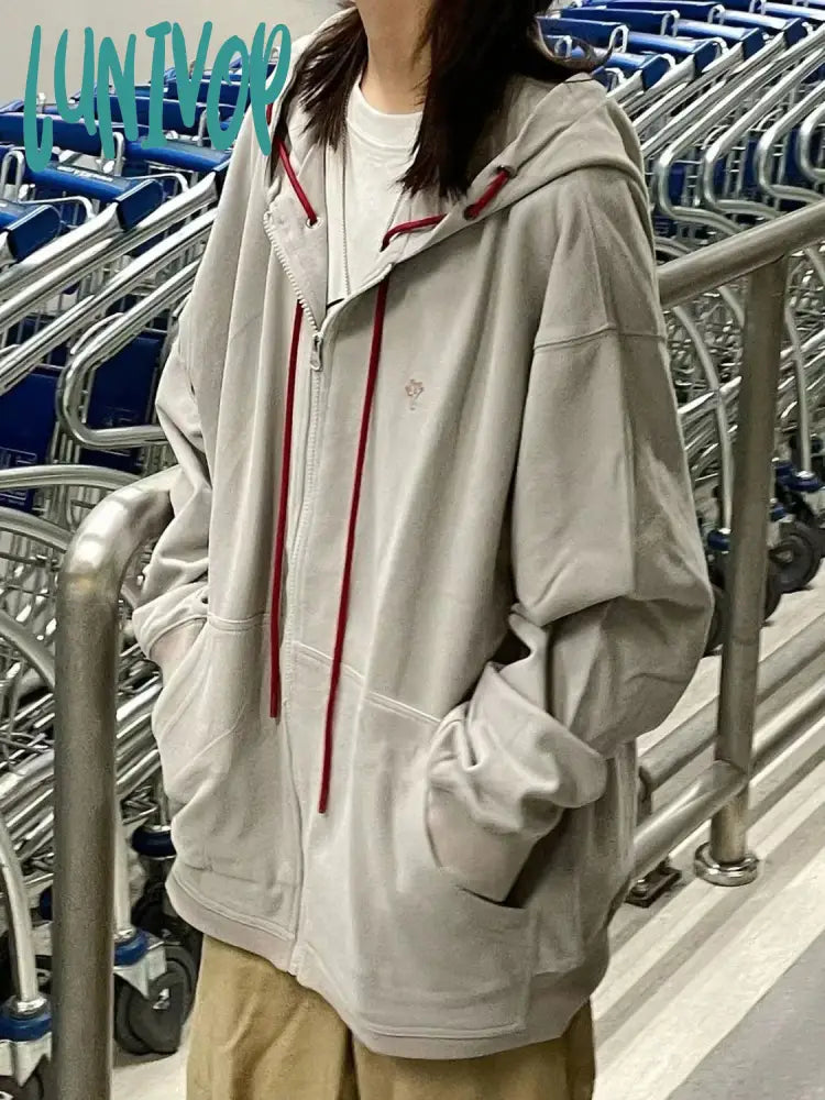 Lunivop Korean Gray Zip Up Hoodies Women Harajuku Streetwear Zipper Casual Hooded Sweatshirts Kpop