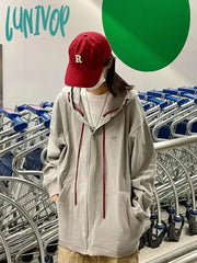 Lunivop Korean Gray Zip Up Hoodies Women Harajuku Streetwear Zipper Casual Hooded Sweatshirts Kpop
