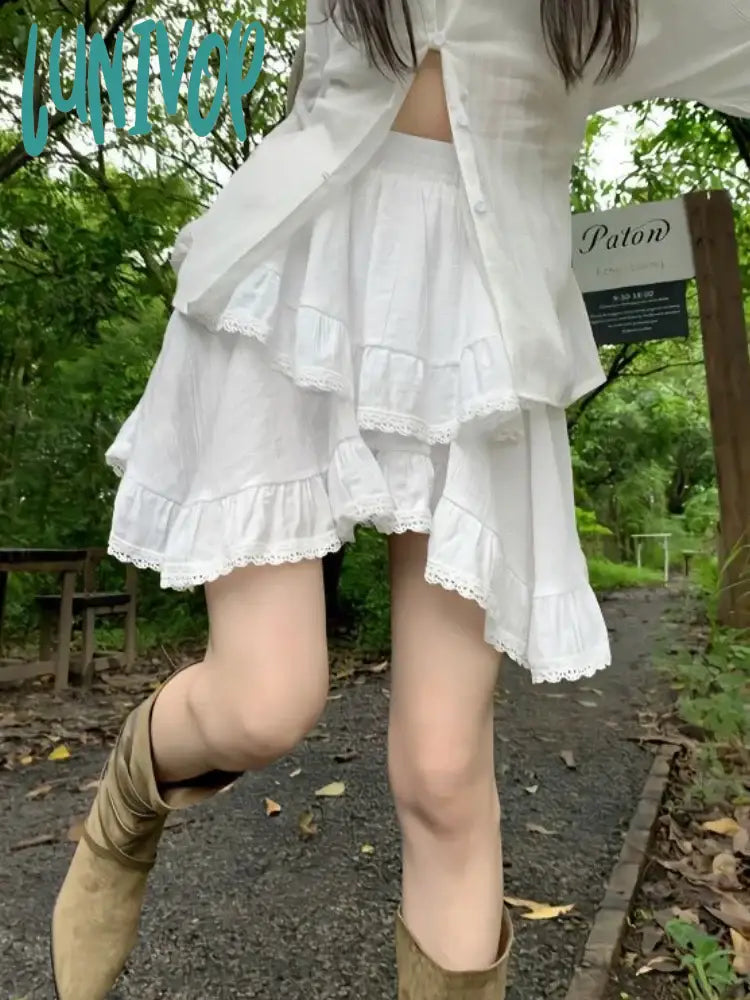 Lunivop Korean Kawaii Elegant Party Mini Skirt Women White Black Sweet Cake Female Irregular High