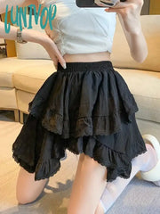 Lunivop Korean Kawaii Elegant Party Mini Skirt Women White Black Sweet Cake Female Irregular High