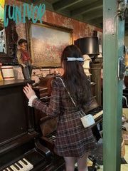 Lunivop Korean Preppy Style Mini Plaid Dress Women Vintage One Piece Dresses Y2K Jk Uniform Long