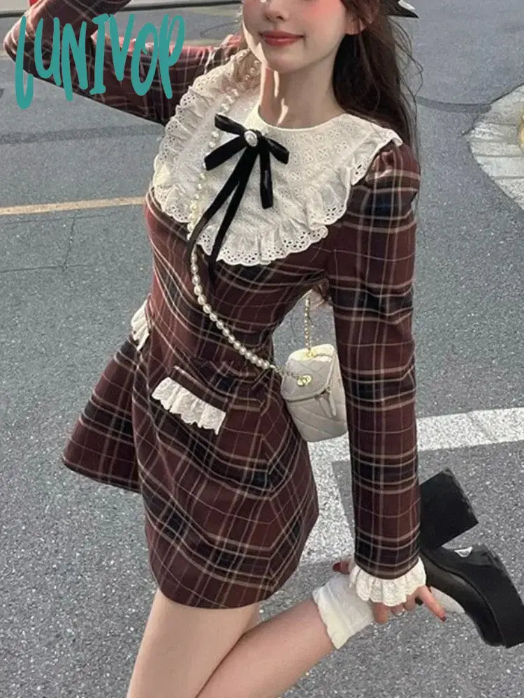 Lunivop Korean Preppy Style Mini Plaid Dress Women Vintage One Piece Dresses Y2K Jk Uniform Long