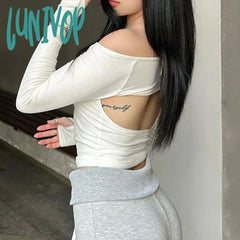 Lunivop Korean Sexy Off Shoulder Crop Tops Long Sleeve Backless Cutout Rhinestone Bow Pattern