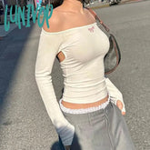 Lunivop Korean Sexy Off Shoulder Crop Tops Long Sleeve Backless Cutout Rhinestone Bow Pattern