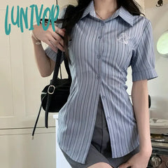Lunivop Korean Slim Striped Shirt Women Casual Preppy Style Short Sleeve Blouse Summer All Match