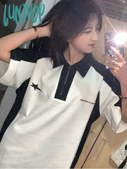 Lunivop Korean Star Embroidery Polo Shirt Women Streetwear Y2K Grunge Couple T Shirts Casual Short
