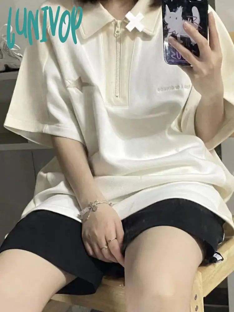 Lunivop Korean Star Embroidery Polo Shirt Women Streetwear Y2K Grunge Couple T Shirts Casual Short