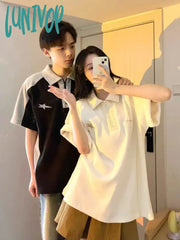 Lunivop Korean Star Embroidery Polo Shirt Women Streetwear Y2K Grunge Couple T Shirts Casual Short