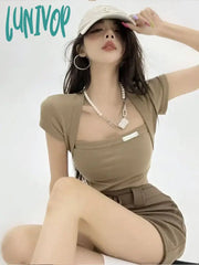 Lunivop Korean Streetwear Tshirts Women Sexy Solid Slim Crop Tops Female Basic Y2K Harajuku Shirts