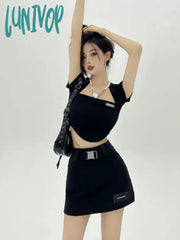 Lunivop Korean Streetwear Tshirts Women Sexy Solid Slim Crop Tops Female Basic Y2K Harajuku Shirts