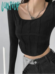 Lunivop Korean Style Crop T Shirts Women Vintage Sexy Long Sleeve Tops Female Harajuku Fashion