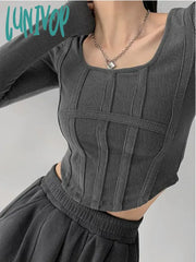 Lunivop Korean Style Crop T Shirts Women Vintage Sexy Long Sleeve Tops Female Harajuku Fashion