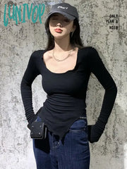 Lunivop Korean Style Knitted T Shirts Women Vintage Aesthetic Gray Black Bottoming Shirt Sexy