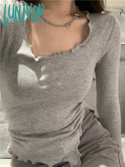 Lunivop Korean Style Knitted T Shirts Women Vintage Aesthetic Gray Black Bottoming Shirt Sexy