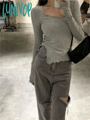Lunivop Korean Style Knitted T Shirts Women Vintage Aesthetic Gray Black Bottoming Shirt Sexy