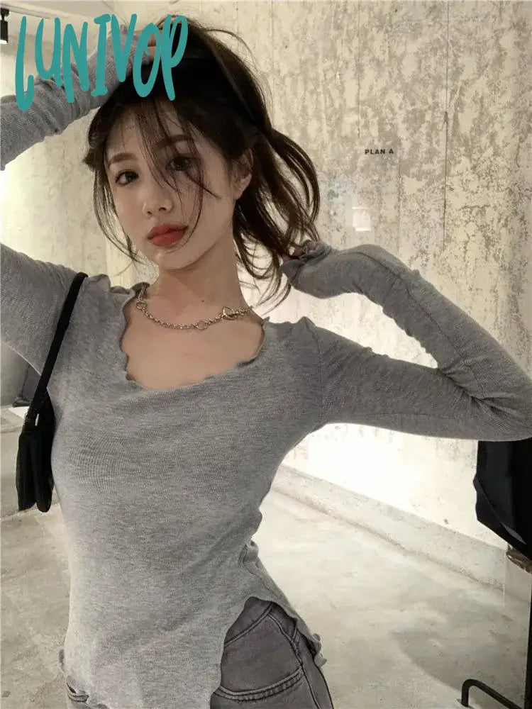 Lunivop Korean Style Knitted T Shirts Women Vintage Aesthetic Gray Black Bottoming Shirt Sexy