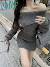 Lunivop Korean Style Mini Knitted One Piece Dress Women Coquette Sexy Slash Neck Long Sleeve Grey
