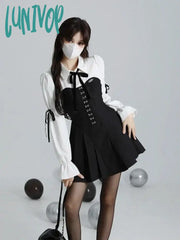 Lunivop Korean Style Mini Winter One Piece Dress Women Y2K Preppy Long Sleeve Tunic Pleated Shirt