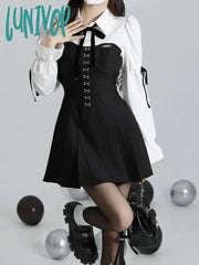 Lunivop Korean Style Mini Winter One Piece Dress Women Y2K Preppy Long Sleeve Tunic Pleated Shirt