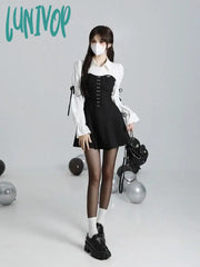 Lunivop Korean Style Mini Winter One Piece Dress Women Y2K Preppy Long Sleeve Tunic Pleated Shirt