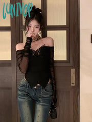 Lunivop Korean Style Off Shoulder T Shirts Women Aesthetic Butterfly Cropped Mesh Tops Sexy