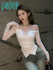 Lunivop Korean Style Off Shoulder T Shirts Women Aesthetic Butterfly Cropped Mesh Tops Sexy