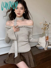 Lunivop Korean Style Off Shoulder T Shirts Women Fairycore Vintage Flare Sleeve Knitted Tops