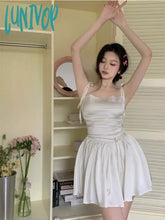 Lunivop Korean Style One Piece White Satin Dress Women Y2K Fairycore Prom Gown Tunic Pleated Slip