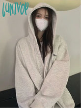 Lunivop Korean Style Oversized Hoodies Women Harajuku Kpop Zip Up Hooded Sweatshirts Solid Grey