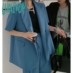 Lunivop Korean Style Short Sleeve Blue Casual Jacket Suit Two Pieces Set For Women Ladies Blazer