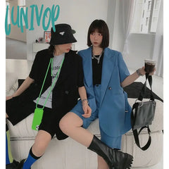 Lunivop Korean Style Short Sleeve Blue Casual Jacket Suit Two Pieces Set For Women Ladies Blazer