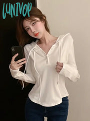 Lunivop Korean Style Slim Crop Hoodies Women Casual Pullovers Kpop Solid Hooded Sweatshirt White