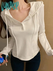 Lunivop Korean Style Slim Crop Hoodies Women Casual Pullovers Kpop Solid Hooded Sweatshirt White