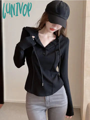 Lunivop Korean Style Slim Crop Hoodies Women Casual Pullovers Kpop Solid Hooded Sweatshirt White