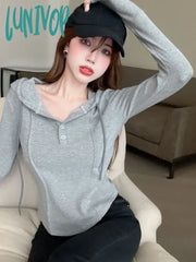 Lunivop Korean Style Slim Crop Hoodies Women Casual Pullovers Kpop Solid Hooded Sweatshirt White