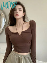 Lunivop Korean Style V Neck T Shirts Women Vintage Basic Bandage Crop Tees Female Sexy Solid Color