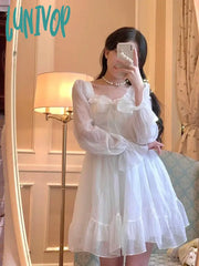 Lunivop Korean Style White Lolita Dress Women Prom Gown Y2K Fairycore Ruffles Bow Long Flare Sleeve