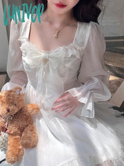 Lunivop Korean Style White Lolita Dress Women Prom Gown Y2K Fairycore Ruffles Bow Long Flare Sleeve