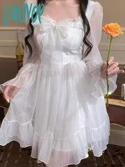 Lunivop Korean Style White Lolita Dress Women Prom Gown Y2K Fairycore Ruffles Bow Long Flare Sleeve
