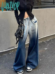Lunivop Korean Style Y2K Jeans Women Wide Leg Gradient Blue Denim Pants Streetwear Harajuku High