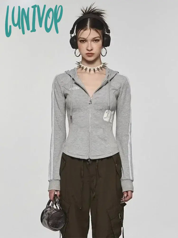 Lunivop Korean Style Zip Up Hoodies Women Harajuku Y2K Streetwear Crop Sweatshirt Casual Slim