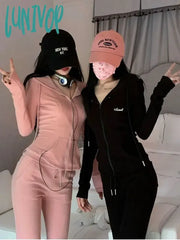Lunivop Korean Style Zip Up Hoodies Women Kpop Vintage Cropped Sweatshirts Y2K Casual Slim Hooded