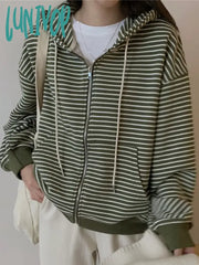 Lunivop Korean Style Zip Up Striped Hoodies Women Vintage Hooded Sweatshirts New Casual Loose