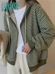 Lunivop Korean Style Zip Up Striped Hoodies Women Vintage Hooded Sweatshirts New Casual Loose