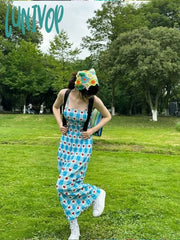 Lunivop Korean Sweet Heart Plaid Print Dress For Women Summer New Slim Fit Camisole Dresses Y2K