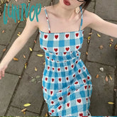 Lunivop Korean Sweet Heart Plaid Print Dress For Women Summer New Slim Fit Camisole Dresses Y2K