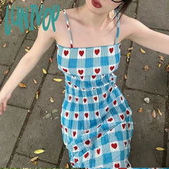 Lunivop Korean Sweet Heart Plaid Print Dress For Women Summer New Slim Fit Camisole Dresses Y2K