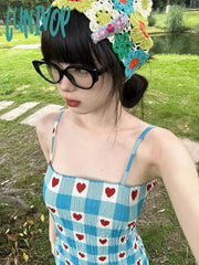 Lunivop Korean Sweet Heart Plaid Print Dress For Women Summer New Slim Fit Camisole Dresses Y2K