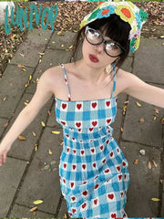 Lunivop Korean Sweet Heart Plaid Print Dress For Women Summer New Slim Fit Camisole Dresses Y2K